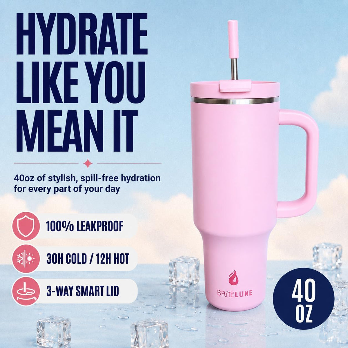 40 oz Tumbler with Handle & Straw 100% Leakproof & Insulated