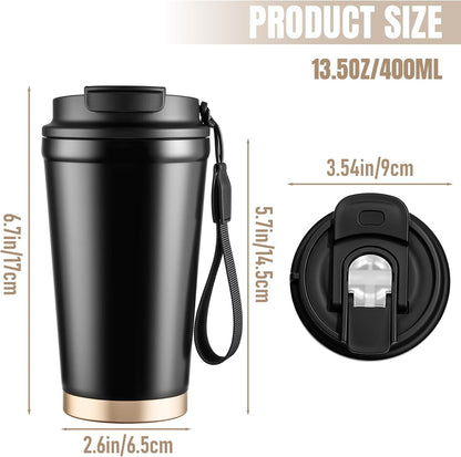 Travel Coffee Mug, Leakproof Lid, Stainless Steel, 13.5 oz, Black