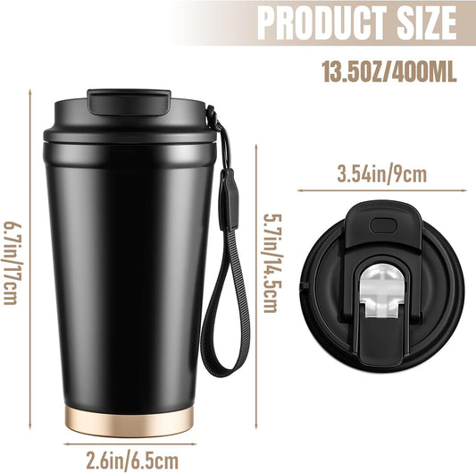 Travel Coffee Mug, Leakproof Lid, Stainless Steel, 13.5 oz, Black
