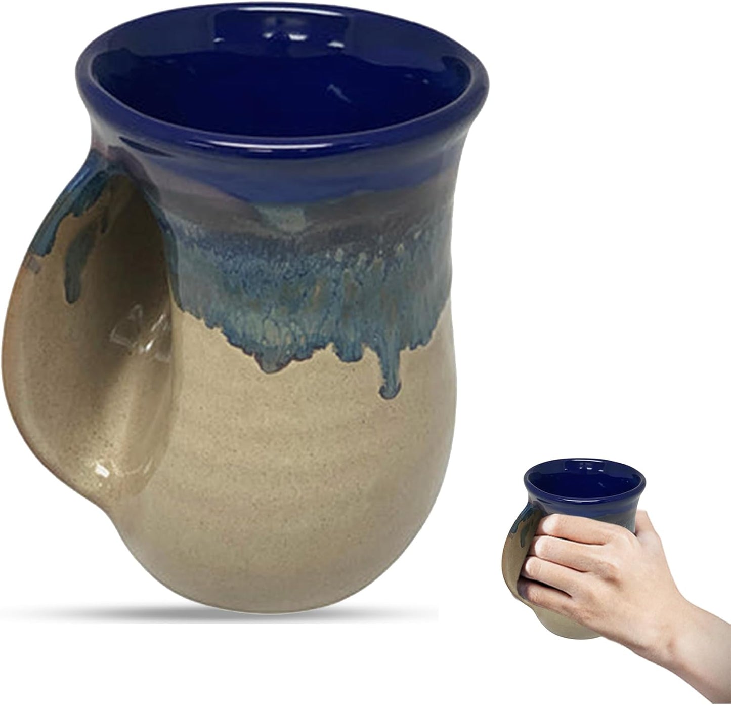 Hand Warmer Coffee Mug – Handmade Coffee Mug With Comfortable Handle Contoured Pocket Hand Warming Ceramic Coffee Mug – Proudly Made in USA – Right Handed – 14 Oz - Cobalt Canyon