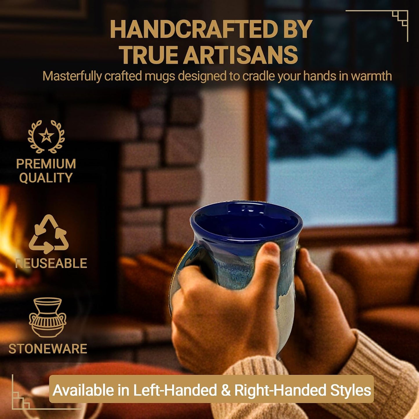 Hand Warmer Coffee Mug – Handmade Coffee Mug With Comfortable Handle Contoured Pocket Hand Warming Ceramic Coffee Mug – Proudly Made in USA – Right Handed – 14 Oz - Cobalt Canyon