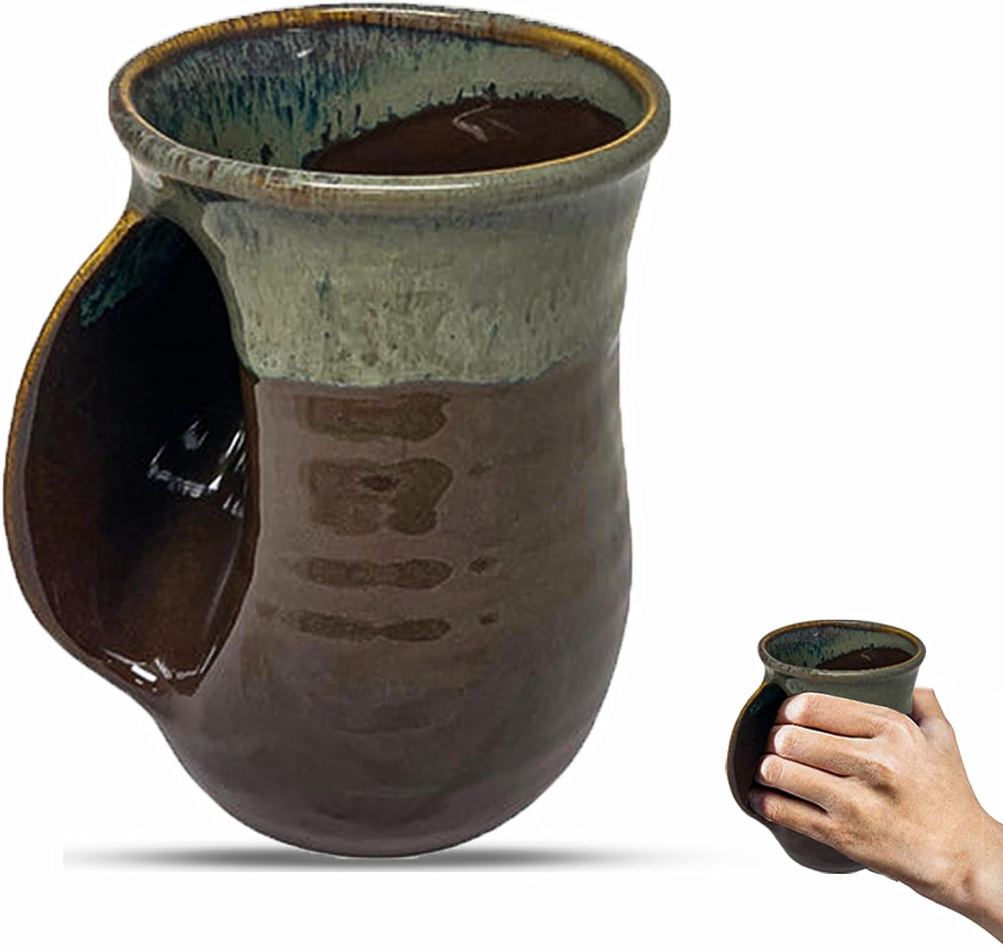 Hand Warmer Coffee Mug – Handmade Coffee Mug With Comfortable Handle Contoured Pocket Hand Warming Ceramic Coffee Mug – Proudly Made in USA – Right Handed – 14 Oz - Cobalt Canyon