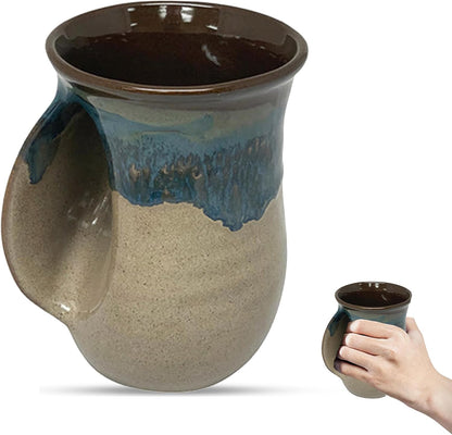 Hand Warmer Coffee Mug – Handmade Coffee Mug With Comfortable Handle Contoured Pocket Hand Warming Ceramic Coffee Mug – Proudly Made in USA – Right Handed – 14 Oz - Cobalt Canyon