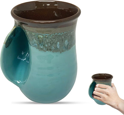 Hand Warmer Coffee Mug – Handmade Coffee Mug With Comfortable Handle Contoured Pocket Hand Warming Ceramic Coffee Mug – Proudly Made in USA – Right Handed – 14 Oz - Cobalt Canyon
