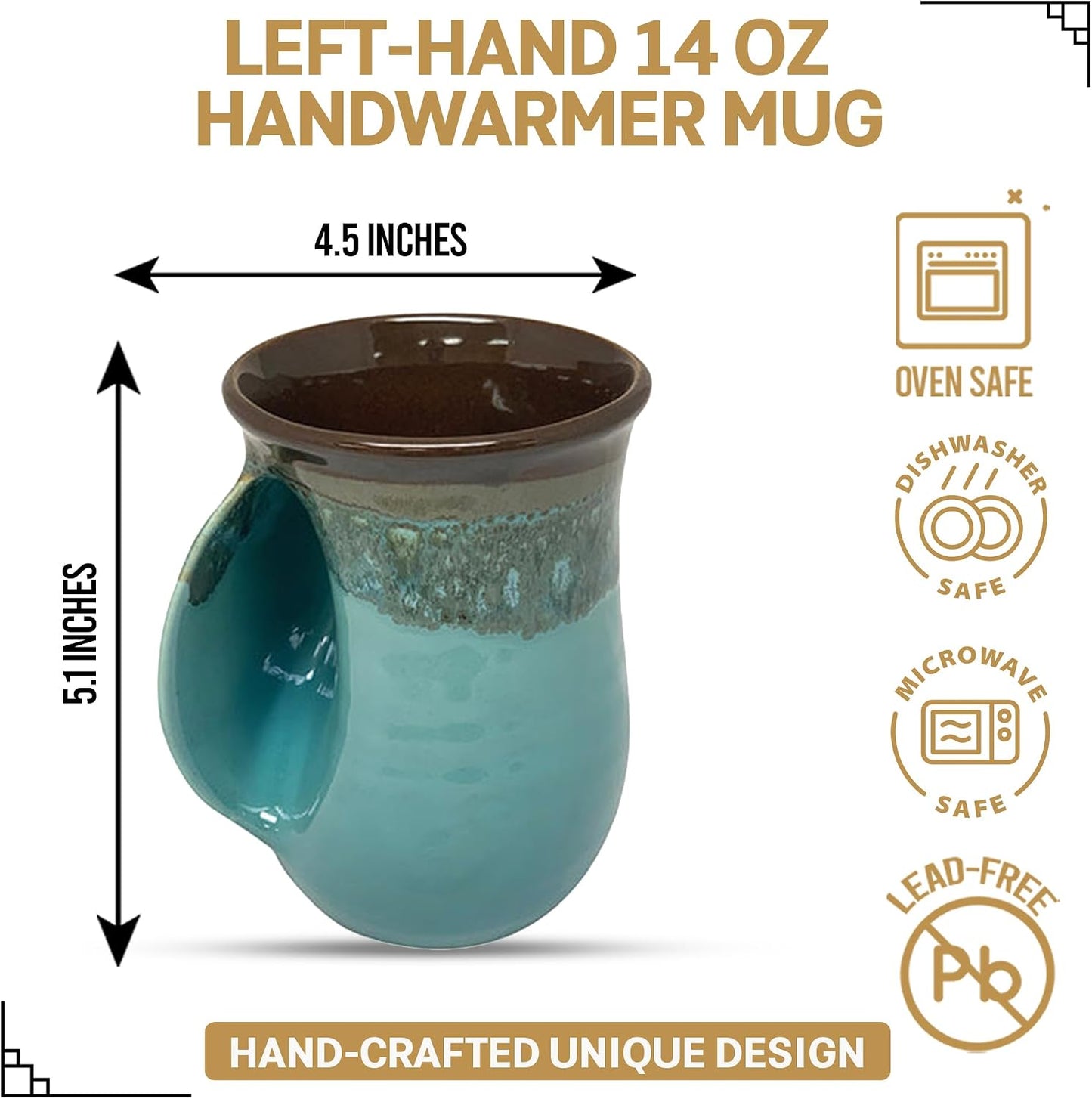Hand Warmer Coffee Mug – Handmade Coffee Mug With Comfortable Handle Contoured Pocket Hand Warming Ceramic Coffee Mug – Proudly Made in USA – Right Handed – 14 Oz - Cobalt Canyon