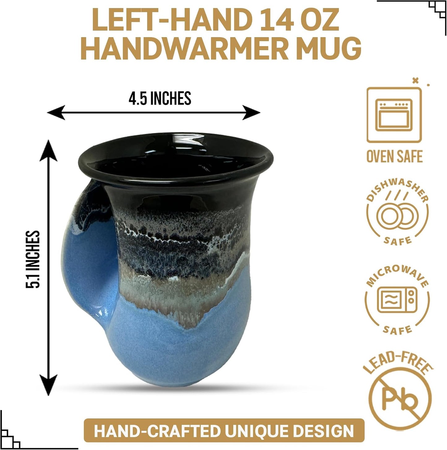 Hand Warmer Coffee Mug – Handmade Coffee Mug With Comfortable Handle Contoured Pocket Hand Warming Ceramic Coffee Mug – Proudly Made in USA – Right Handed – 14 Oz - Cobalt Canyon