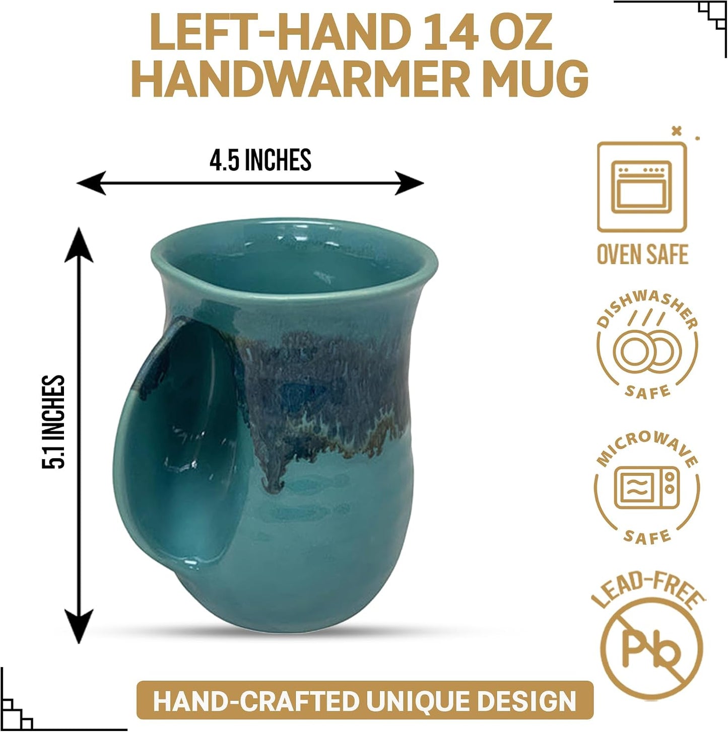 Hand Warmer Coffee Mug – Handmade Coffee Mug With Comfortable Handle Contoured Pocket Hand Warming Ceramic Coffee Mug – Proudly Made in USA – Right Handed – 14 Oz - Cobalt Canyon