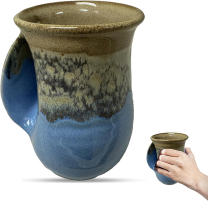 Hand Warmer Coffee Mug – Handmade Coffee Mug With Comfortable Handle Contoured Pocket Hand Warming Ceramic Coffee Mug – Proudly Made in USA – Right Handed – 14 Oz - Cobalt Canyon