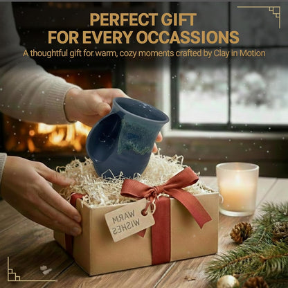 Hand Warmer Coffee Mug – Handmade Coffee Mug With Comfortable Handle Contoured Pocket Hand Warming Ceramic Coffee Mug – Proudly Made in USA – Right Handed – 14 Oz - Cobalt Canyon