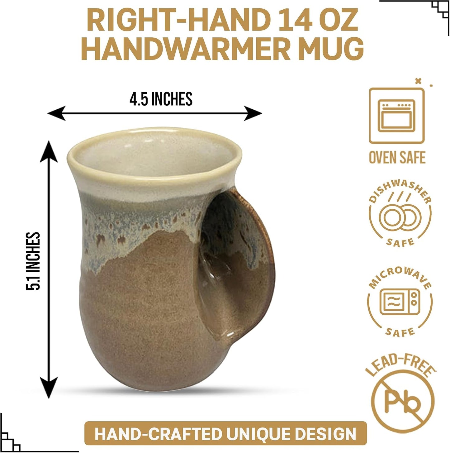 Hand Warmer Coffee Mug – Handmade Coffee Mug With Comfortable Handle Contoured Pocket Hand Warming Ceramic Coffee Mug – Proudly Made in USA – Right Handed – 14 Oz - Cobalt Canyon