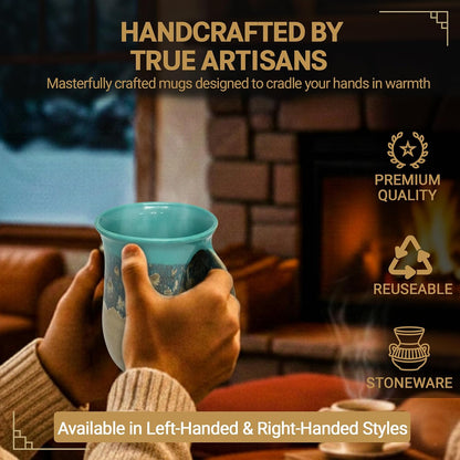 Hand Warmer Coffee Mug – Handmade Coffee Mug With Comfortable Handle Contoured Pocket Hand Warming Ceramic Coffee Mug – Proudly Made in USA – Right Handed – 14 Oz - Cobalt Canyon
