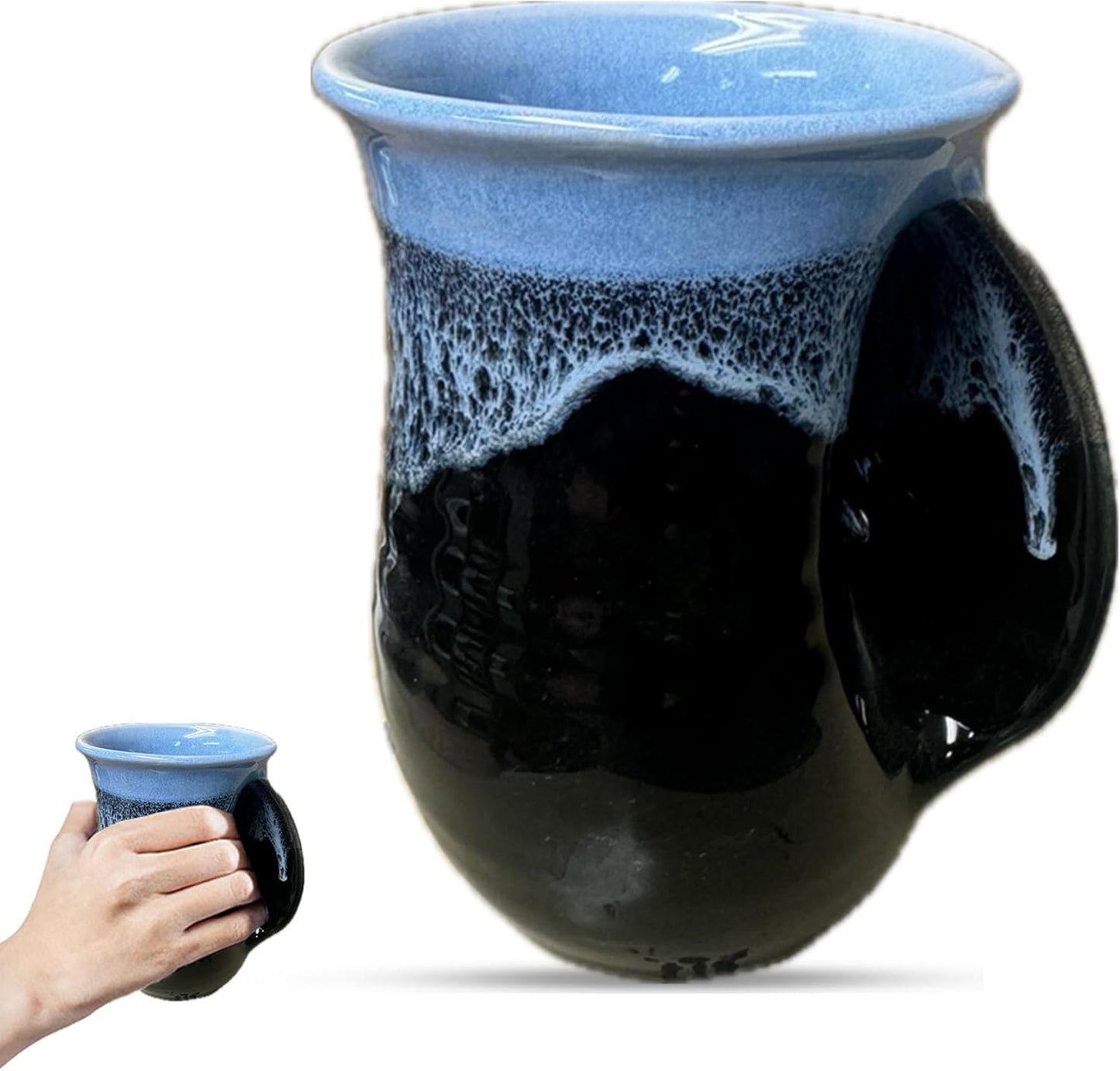 Hand Warmer Coffee Mug – Handmade Coffee Mug With Comfortable Handle Contoured Pocket Hand Warming Ceramic Coffee Mug – Proudly Made in USA – Right Handed – 14 Oz - Cobalt Canyon