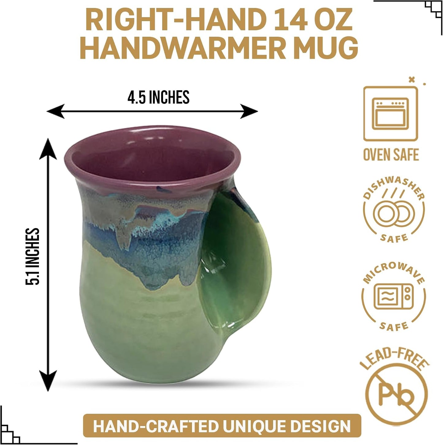 Hand Warmer Coffee Mug – Handmade Coffee Mug With Comfortable Handle Contoured Pocket Hand Warming Ceramic Coffee Mug – Proudly Made in USA – Right Handed – 14 Oz - Cobalt Canyon