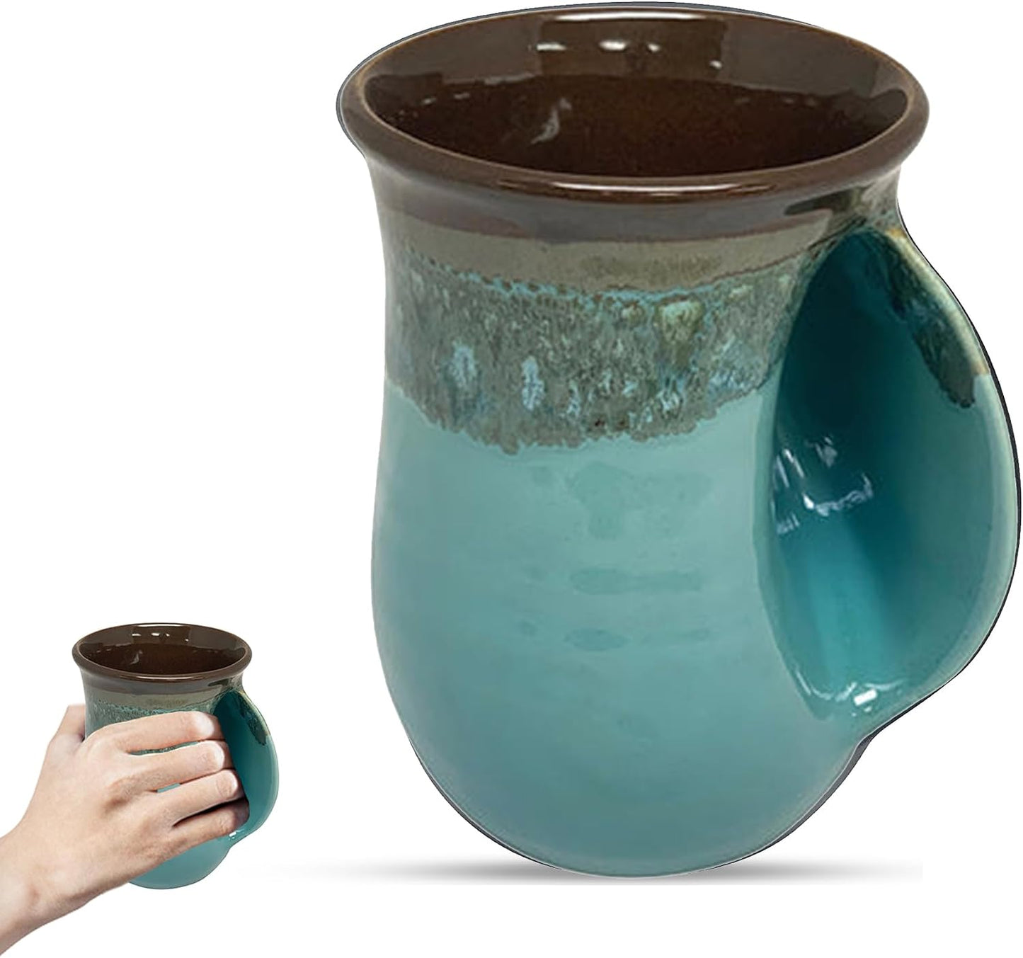 Hand Warmer Coffee Mug – Handmade Coffee Mug With Comfortable Handle Contoured Pocket Hand Warming Ceramic Coffee Mug – Proudly Made in USA – Right Handed – 14 Oz - Cobalt Canyon