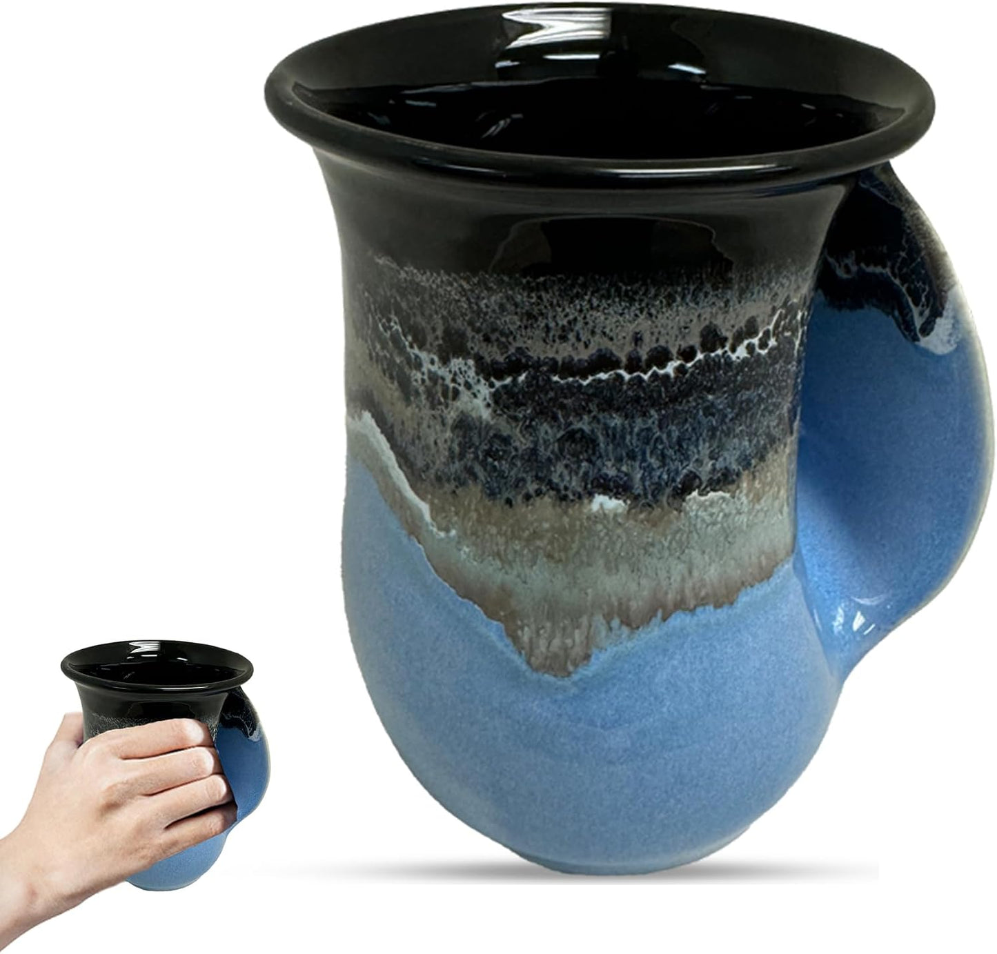 Hand Warmer Coffee Mug – Handmade Coffee Mug With Comfortable Handle Contoured Pocket Hand Warming Ceramic Coffee Mug – Proudly Made in USA – Right Handed – 14 Oz - Cobalt Canyon