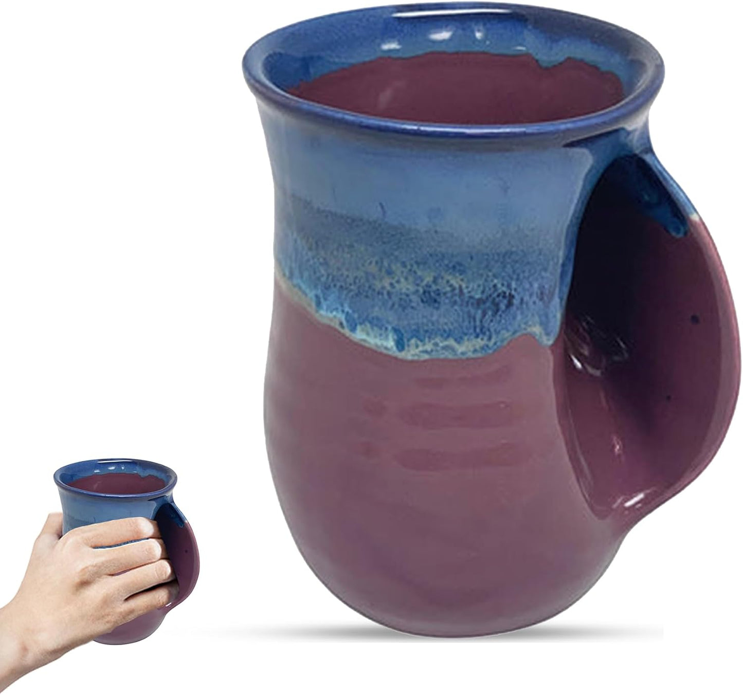 Hand Warmer Coffee Mug – Handmade Coffee Mug With Comfortable Handle Contoured Pocket Hand Warming Ceramic Coffee Mug – Proudly Made in USA – Right Handed – 14 Oz - Cobalt Canyon