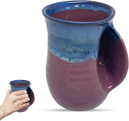 Hand Warmer Coffee Mug – Handmade Coffee Mug With Comfortable Handle Contoured Pocket Hand Warming Ceramic Coffee Mug – Proudly Made in USA – Right Handed – 14 Oz - Cobalt Canyon