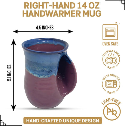 Hand Warmer Coffee Mug – Handmade Coffee Mug With Comfortable Handle Contoured Pocket Hand Warming Ceramic Coffee Mug – Proudly Made in USA – Right Handed – 14 Oz - Cobalt Canyon
