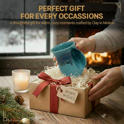 Hand Warmer Coffee Mug – Handmade Coffee Mug With Comfortable Handle Contoured Pocket Hand Warming Ceramic Coffee Mug – Proudly Made in USA – Right Handed – 14 Oz - Cobalt Canyon