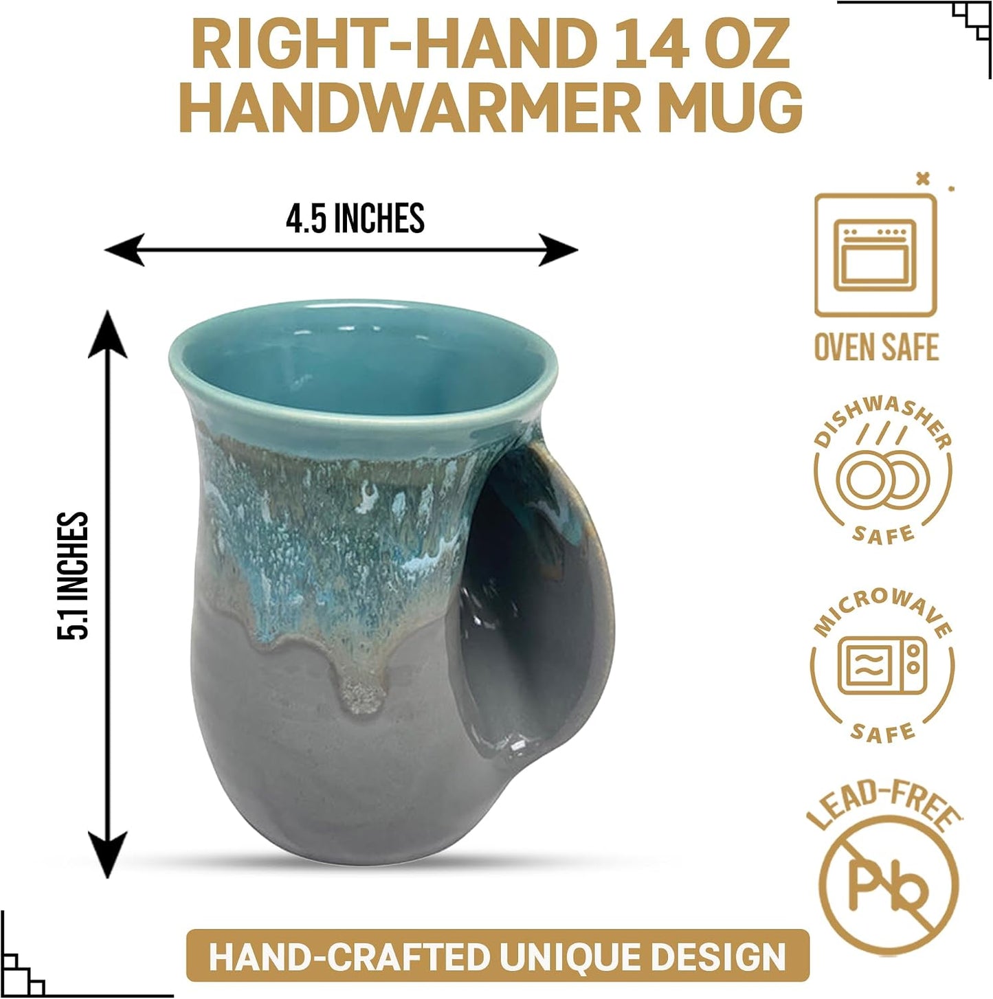 Hand Warmer Coffee Mug – Handmade Coffee Mug With Comfortable Handle Contoured Pocket Hand Warming Ceramic Coffee Mug – Proudly Made in USA – Right Handed – 14 Oz - Cobalt Canyon