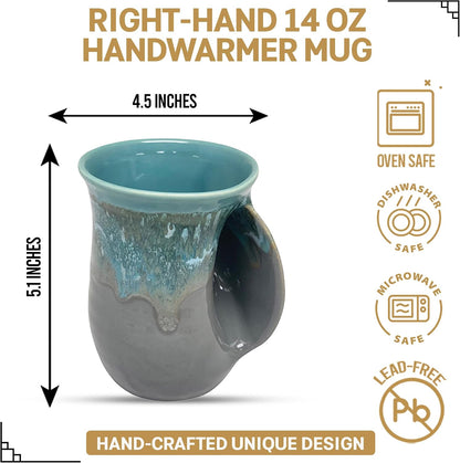 Hand Warmer Coffee Mug – Handmade Coffee Mug With Comfortable Handle Contoured Pocket Hand Warming Ceramic Coffee Mug – Proudly Made in USA – Right Handed – 14 Oz - Cobalt Canyon