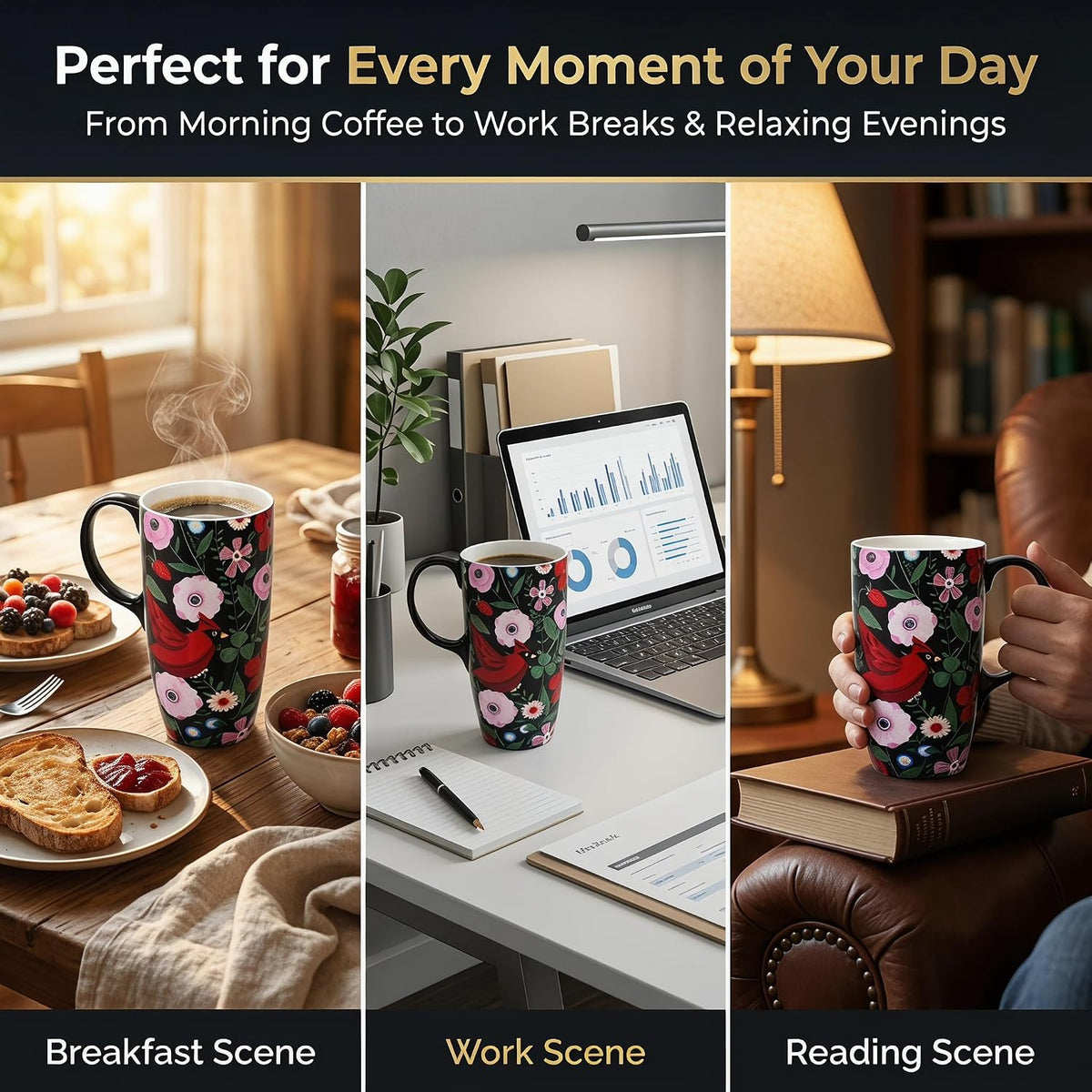 17oz Ceramic Mug with Lid&Gift Box, Scandinavian Floral Botanical | Splash-proof lid for commute use; durable glazed ceramic; fits home office routines; gift-ready