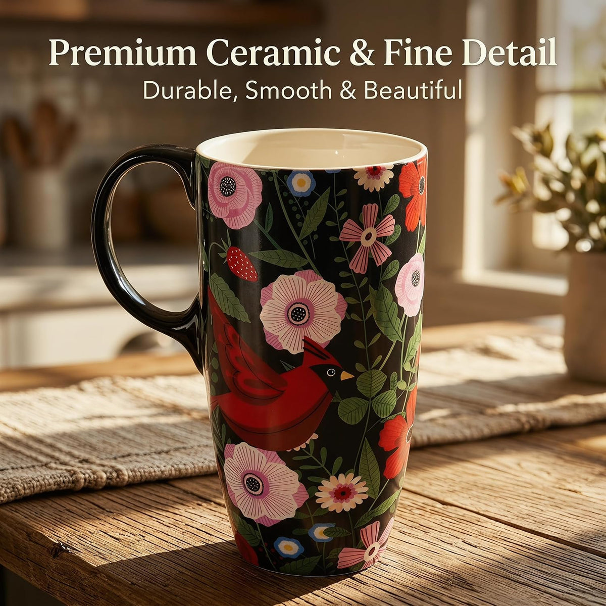 17oz Ceramic Mug with Lid&Gift Box, Scandinavian Floral Botanical | Splash-proof lid for commute use; durable glazed ceramic; fits home office routines; gift-ready