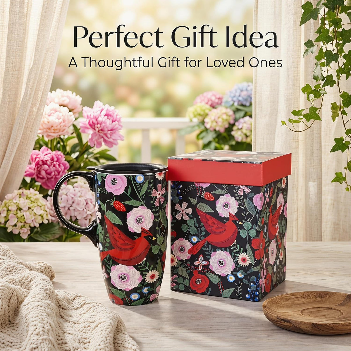 17oz Ceramic Mug with Lid&Gift Box, Scandinavian Floral Botanical | Splash-proof lid for commute use; durable glazed ceramic; fits home office routines; gift-ready