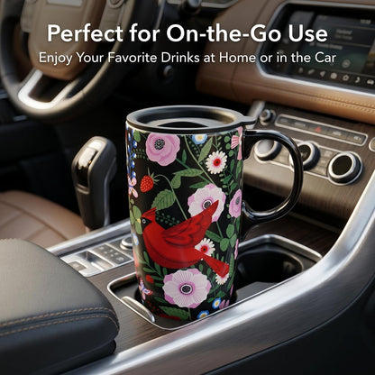 17oz Ceramic Mug with Lid&Gift Box, Scandinavian Floral Botanical | Splash-proof lid for commute use; durable glazed ceramic; fits home office routines; gift-ready