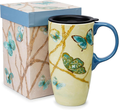 17oz Ceramic Mug with Lid&Gift Box, Scandinavian Floral Botanical | Splash-proof lid for commute use; durable glazed ceramic; fits home office routines; gift-ready