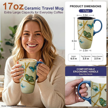 17oz Ceramic Mug with Lid&Gift Box, Scandinavian Floral Botanical | Splash-proof lid for commute use; durable glazed ceramic; fits home office routines; gift-ready