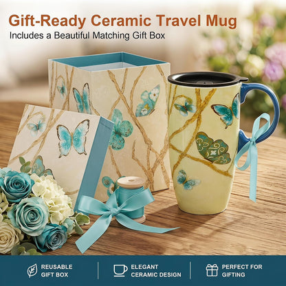 17oz Ceramic Mug with Lid&Gift Box, Scandinavian Floral Botanical | Splash-proof lid for commute use; durable glazed ceramic; fits home office routines; gift-ready