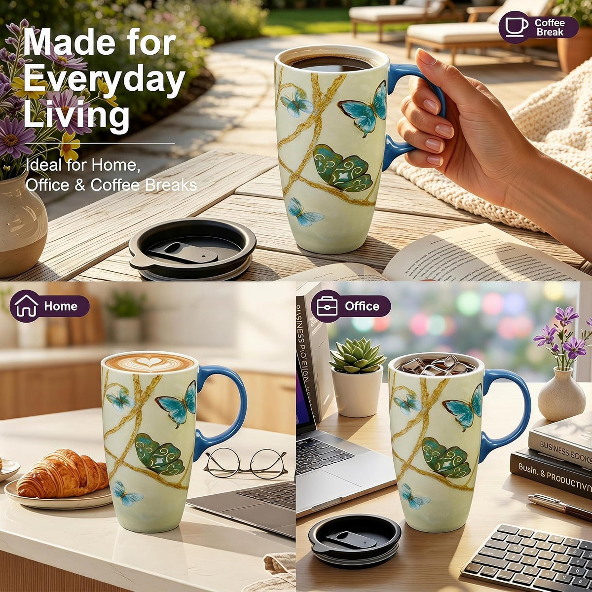 17oz Ceramic Mug with Lid&Gift Box, Scandinavian Floral Botanical | Splash-proof lid for commute use; durable glazed ceramic; fits home office routines; gift-ready