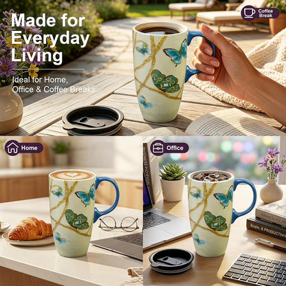 17oz Ceramic Mug with Lid&Gift Box, Scandinavian Floral Botanical | Splash-proof lid for commute use; durable glazed ceramic; fits home office routines; gift-ready