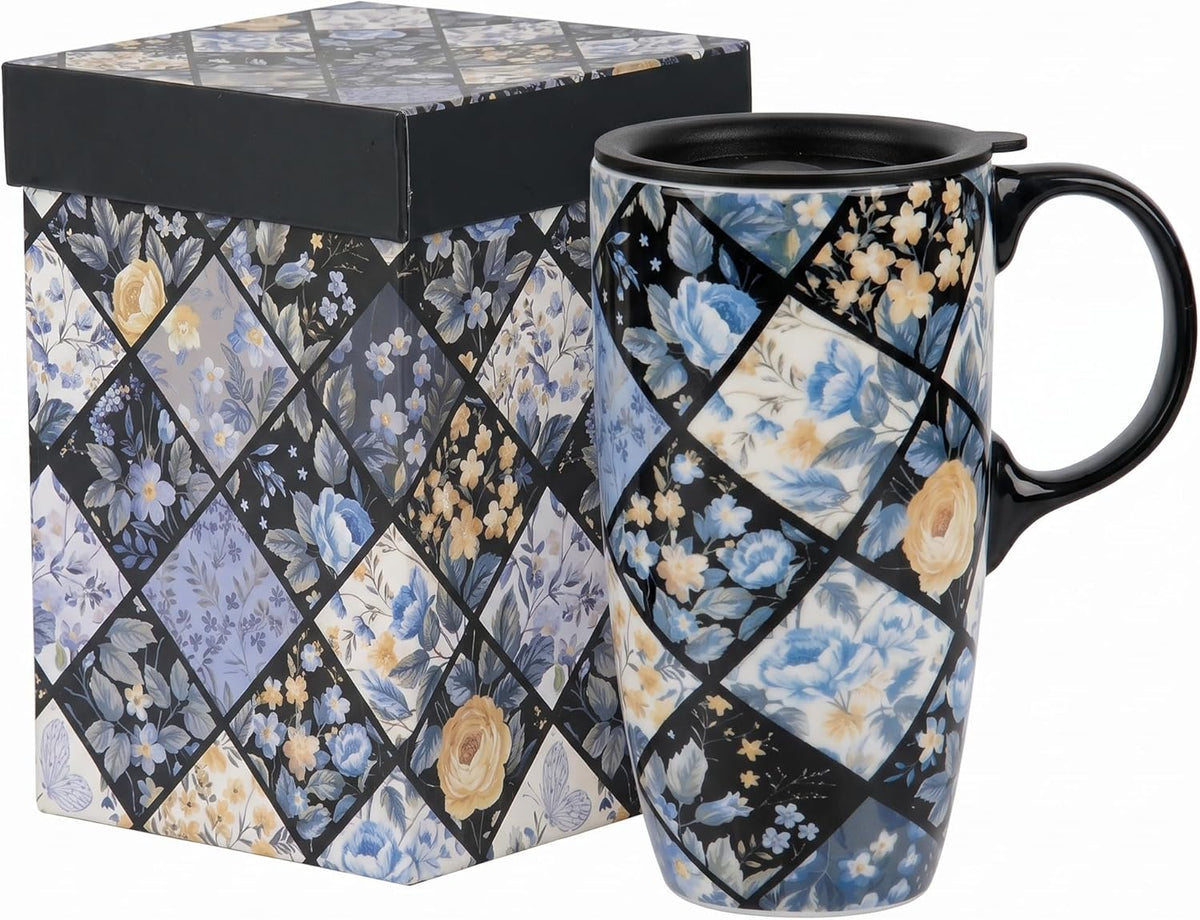 17oz Ceramic Mug with Lid&Gift Box, Scandinavian Floral Botanical | Splash-proof lid for commute use; durable glazed ceramic; fits home office routines; gift-ready