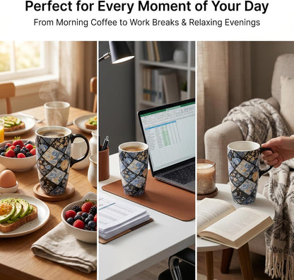 17oz Ceramic Mug with Lid&Gift Box, Scandinavian Floral Botanical | Splash-proof lid for commute use; durable glazed ceramic; fits home office routines; gift-ready