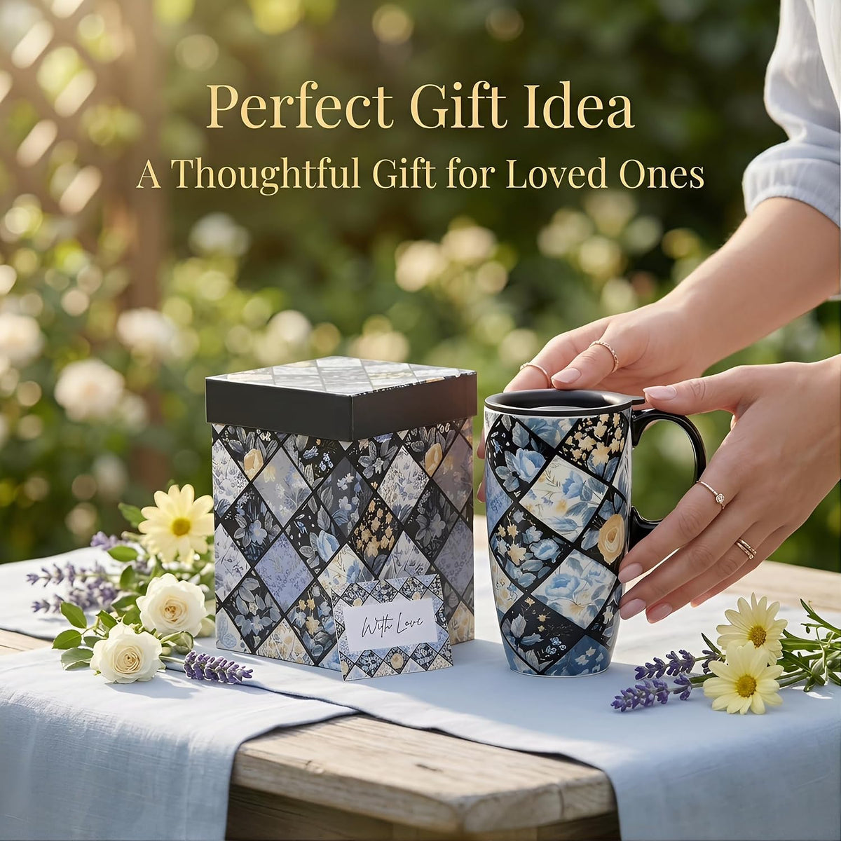 17oz Ceramic Mug with Lid&Gift Box, Scandinavian Floral Botanical | Splash-proof lid for commute use; durable glazed ceramic; fits home office routines; gift-ready