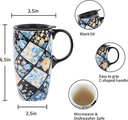17oz Ceramic Mug with Lid&Gift Box, Scandinavian Floral Botanical | Splash-proof lid for commute use; durable glazed ceramic; fits home office routines; gift-ready