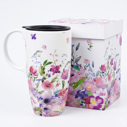17oz Ceramic Mug with Lid&Gift Box, Scandinavian Floral Botanical | Splash-proof lid for commute use; durable glazed ceramic; fits home office routines; gift-ready