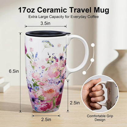 17oz Ceramic Mug with Lid&Gift Box, Scandinavian Floral Botanical | Splash-proof lid for commute use; durable glazed ceramic; fits home office routines; gift-ready