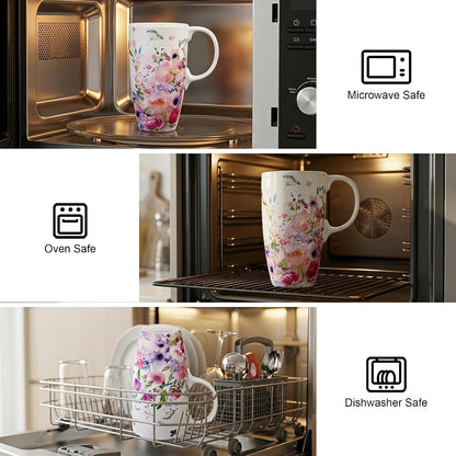 17oz Ceramic Mug with Lid&Gift Box, Scandinavian Floral Botanical | Splash-proof lid for commute use; durable glazed ceramic; fits home office routines; gift-ready