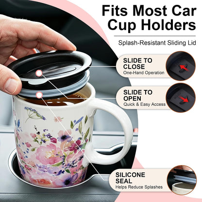17oz Ceramic Mug with Lid&Gift Box, Scandinavian Floral Botanical | Splash-proof lid for commute use; durable glazed ceramic; fits home office routines; gift-ready