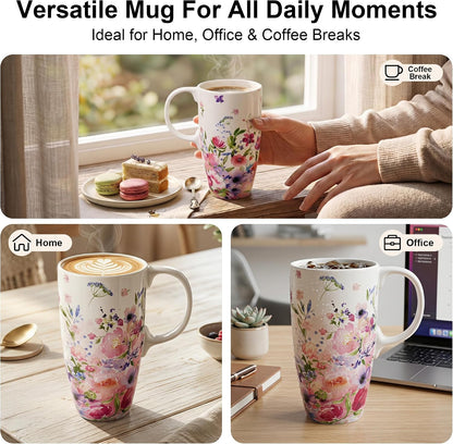 17oz Ceramic Mug with Lid&Gift Box, Scandinavian Floral Botanical | Splash-proof lid for commute use; durable glazed ceramic; fits home office routines; gift-ready