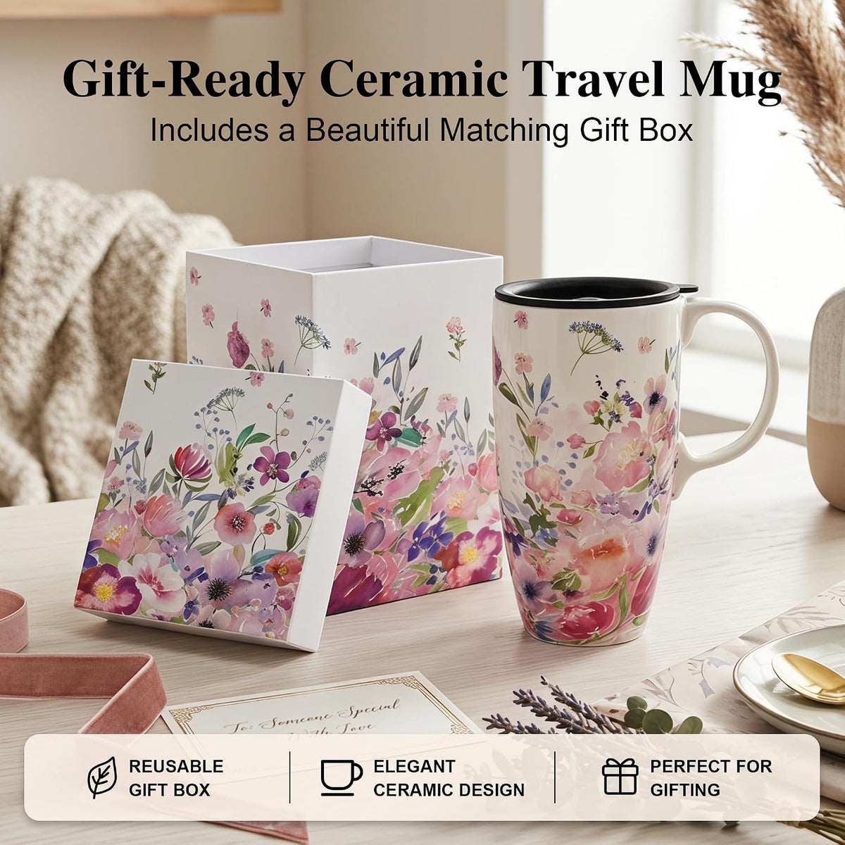 17oz Ceramic Mug with Lid&Gift Box, Scandinavian Floral Botanical | Splash-proof lid for commute use; durable glazed ceramic; fits home office routines; gift-ready