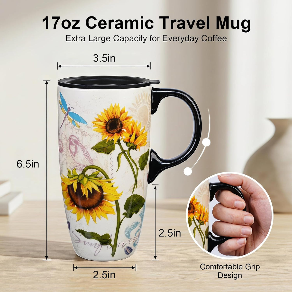 17oz Ceramic Mug with Lid&Gift Box, Scandinavian Floral Botanical | Splash-proof lid for commute use; durable glazed ceramic; fits home office routines; gift-ready
