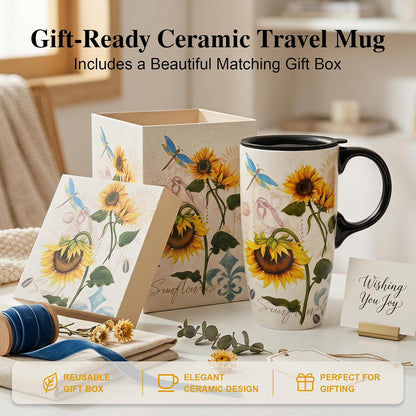17oz Ceramic Mug with Lid&Gift Box, Scandinavian Floral Botanical | Splash-proof lid for commute use; durable glazed ceramic; fits home office routines; gift-ready