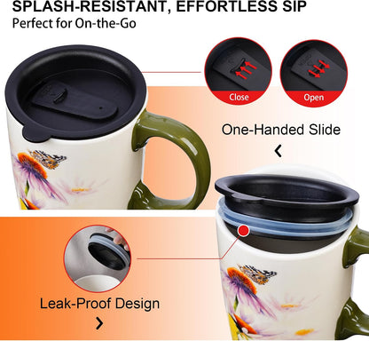17oz Ceramic Mug with Lid&Gift Box, Scandinavian Floral Botanical | Splash-proof lid for commute use; durable glazed ceramic; fits home office routines; gift-ready