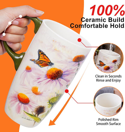 17oz Ceramic Mug with Lid&Gift Box, Scandinavian Floral Botanical | Splash-proof lid for commute use; durable glazed ceramic; fits home office routines; gift-ready