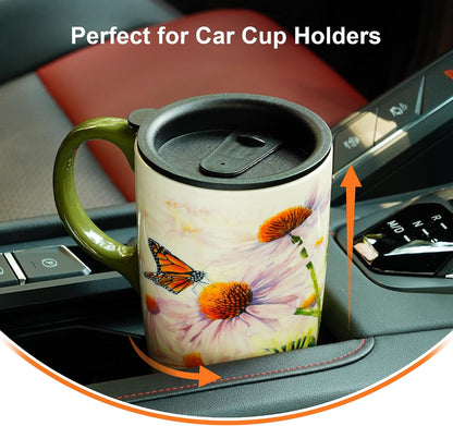 17oz Ceramic Mug with Lid&Gift Box, Scandinavian Floral Botanical | Splash-proof lid for commute use; durable glazed ceramic; fits home office routines; gift-ready