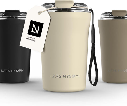 LARS NYSØM Thermo Coffee Mug to go with Strap 13oz | Travel Mug 0.38 Liter with Insulation | Leak Proof Stainless Steel Thermal Tumbler for Coffee and Tea to Go (Brick Red, 12.9oz)